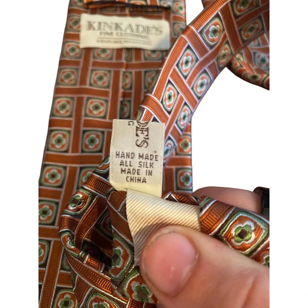 Kinkade's Fine‎ Clothing Mens Silk Tie Orange Green Geometric Farm Bureau Ins.